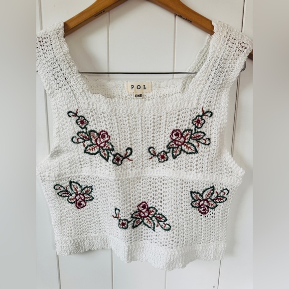POL White Crochet Embroidered Floral Crop Top Boho Festival Semi Sheer OS - Picture 5 of 8